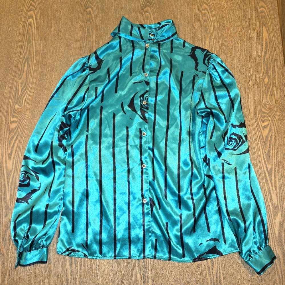 Vintage Teal Striped/Floral Womens Blouse Size:8